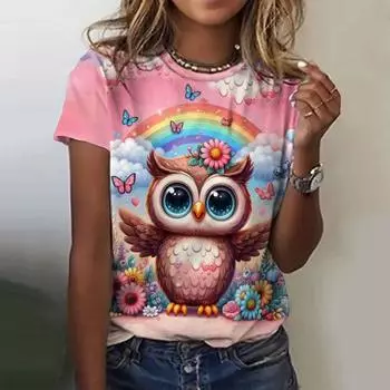 Новая женская футболка Kawaii с принтом совы 3D, женская трендовая одежда, рубашка с коротким рукавом, футболки с круглым вырезом S