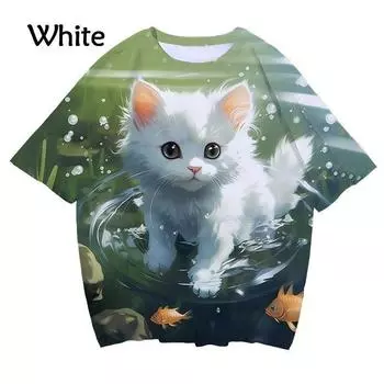 Новая женская футболка с 3D принтом и милым рисунком кота, повседневная большая футболка с круглым вырезом и короткими рукавами, топ XS