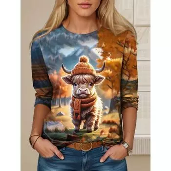 Новая женская футболка с 3D-принтом, кавайной анималистичной графикой, длинным рукавом, забавным круглым вырезом, стандартным кроем, весна/осень, тонкий стиль, толстовка 5XL