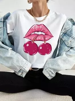 Новая женская футболка с 3D-принтом, повседневные топы с круглым вырезом, футболки, модный топ Harajuku с принтом вишневых губ, кавайная женская футболка с короткими рукавами S