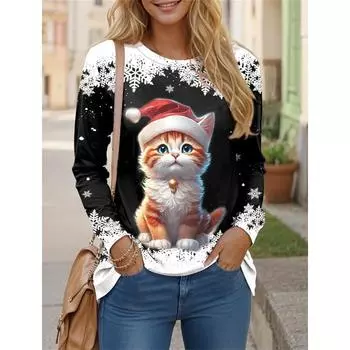 Новая женская футболка с 3D-принтом, рождественским принтом, длинным рукавом, забавным круглым вырезом, стандартным кроем, тонкая толстовка на весну/осень 5XL