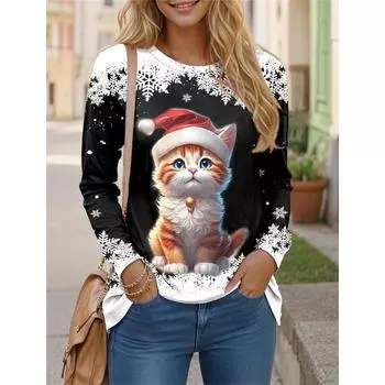 Новая женская футболка с 3D-принтом, рождественским принтом, длинным рукавом, забавным круглым вырезом, стандартным кроем, тонкая толстовка на весну/осень S