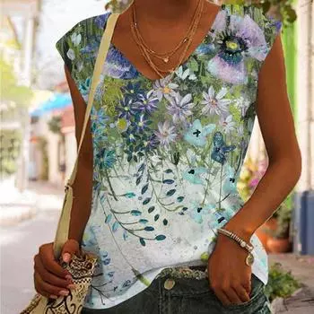 Новая женская футболка с цветочным принтом 3D, майка в полоску, женская модная футболка с V-образным вырезом и коротким рукавом, женская майка, женская майка S