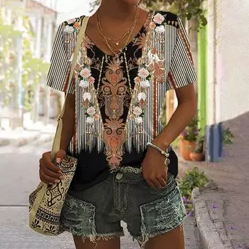 Новая женская футболка с цветочным принтом, богемные модные топы с короткими рукавами, женские летние свободные пуловеры с v-образным вырезом, уличные футболки в стиле Харадзюку S