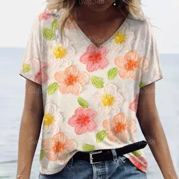 Новая женская футболка с цветочным принтом, летние повседневные футболки с v-образным вырезом и короткими рукавами, женская свободная уличная модная повседневная одежда, топы S