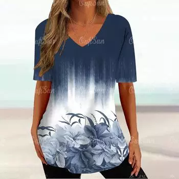 Новая женская футболка с цветочным принтом, свободная женская одежда, модные футболки с v-образным вырезом и короткими рукавами, женская толстовка большого размера, свободные топы S