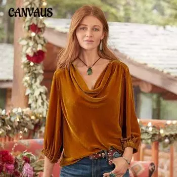 Новая женская футболка с длинным рукавом и однотонным золотистым бархатом, складчатым воротником и складками S оранжевый