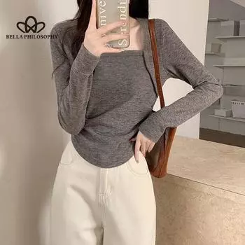 Новая женская футболка с длинным рукавом и квадратным вырезом, весенне-осенние новые тонкие повседневные рубашки с неровным подолом для девочек S чёрный