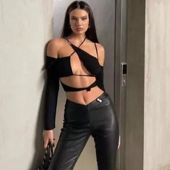 Новая женская футболка с длинными рукавами и перекрещенным вырезом, сексуальный топ с открытым пупком и полым дизайном, пикантные подтяжки для девочек, с открытыми плечами L чёрный