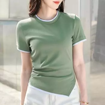 Новая женская футболка с контрастным краем в китайском стиле, маленькая женская футболка с круглым вырезом и короткими рукавами, весенняя и летняя одежда 2024, универсальная хлопковая эластичная облегающая футболка S чёрный