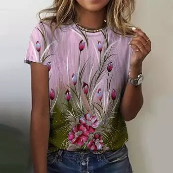 Новая женская футболка с круглым вырезом, свободная футболка с 3D принтом и цветочным узором Harajuku Y2K, свободный топ, повседневная мода с коротким рукавом XXS