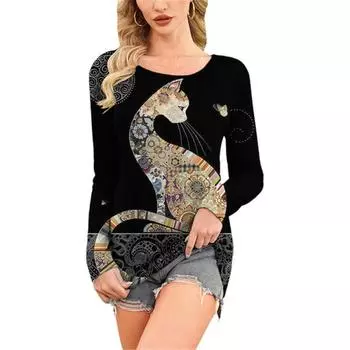 Новая женская футболка с милым мультяшным принтом кота, длинные свободные винтажные футболки, женские повседневные черные рубашки с круглым вырезом и принтом в стиле бохо, топ Femme S
