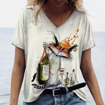 Новая женская футболка с мультяшным животным принтом, топ больших размеров с v-образным вырезом, летняя женская трендовая одежда, рубашка с короткими рукавами, футболка большого размера S