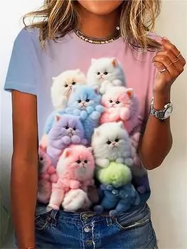 Новая женская футболка с принтом Kawaii Sweet Cat 3D, повседневная модная футболка с круглым вырезом и коротким рукавом XS