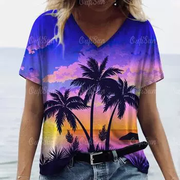 Новая женская футболка с принтом кокосовой пальмы, женская трендовая одежда большого размера, модная рубашка с коротким рукавом, женская блузка с v-образным вырезом 2024 XL