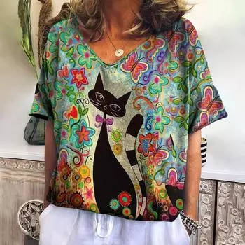 Новая женская футболка с принтом кота из мультфильма, топ больших размеров, летняя женская трендовая одежда, модная рубашка с короткими рукавами, v-образным вырезом, Harajuku L