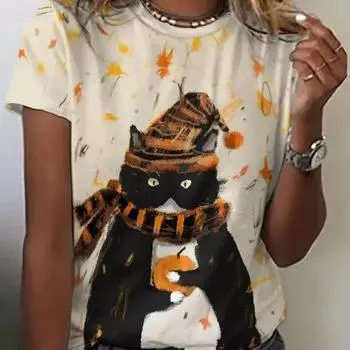 Новая женская футболка с принтом кота из мультфильма, винтажный топ больших размеров, кавайная женская трендовая одежда, модная рубашка с короткими рукавами, футболка с круглым вырезом S
