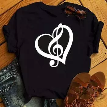 Новая женская футболка с принтом Music Note Heartbeat, хипстерская футболка с короткими рукавами, женская модная черная футболка в стиле Харадзюку S