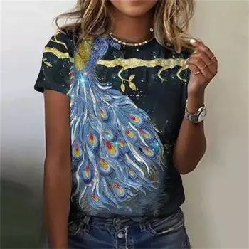 Новая женская футболка с принтом павлиньего пера Женская ретро футболка с 3D принтом Летняя повседневная футболка свободного кроя с коротким рукавом и круглым воротником XS