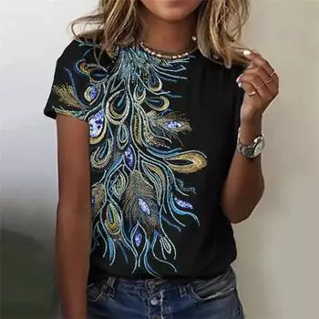 Новая женская футболка с принтом павлина на 3D-принте, летняя женская ретро-футболка, повседневная мода с круглым вырезом и коротким рукавом XS