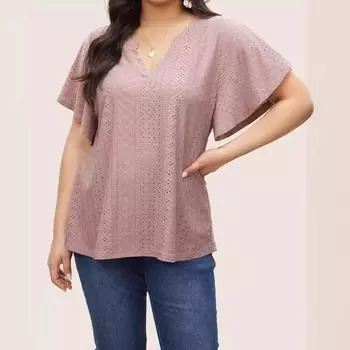 Новая женская футболка с v-образным вырезом и коротким рукавом, однотонная базовая футболка с рюшами и рукавами, повседневная свободная дышащая легкая футболка с короткими рукавами для работы, отдыха, плюс топ XL