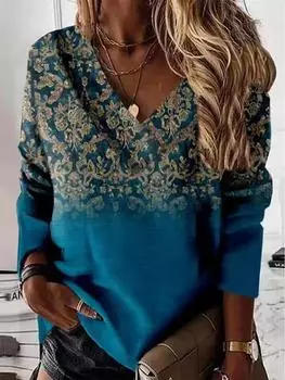 Новая женская футболка с v-образным вырезом и длинными рукавами