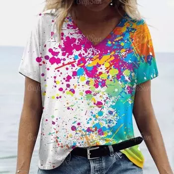 Новая женская футболка с v-образным вырезом и коротким рукавом, одежда с 3d принтом, футболка для женщин, забавный красочный узор, женская одежда, новая футболка 3XL