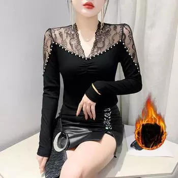 Новая женская футболка с V-образным вырезом, длинными рукавами, облегающего кроя и тонким дизайном S