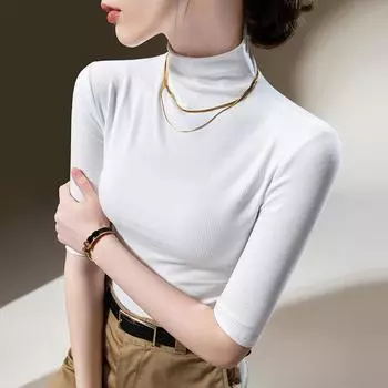 Новая женская футболка со средним рукавом для женщин, новая женская рубашка с полувысоким воротом и облегающим талией однотонным топом с рукавами-пятью S