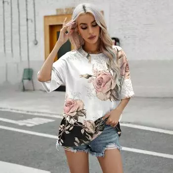 Новая женская футболка свободного покроя с цветочным принтом, элегантная и удобная, с короткими рукавами, летняя уличная мода, с круглым вырезом S