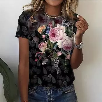 Новая женская футболка T 3D Flower Printing O-Research Sleeve Sleeve Set Street Clothing Женская футболка большого размера Fashion Womens Clothing XXS
