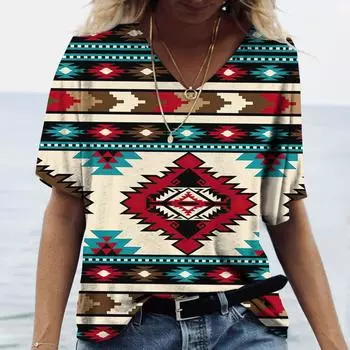 Новая женская футболка в этническом стиле Harajuku с коротким рукавом женская одежда уличная футболка с V-образным вырезом для женщин модный винтажный топ S
