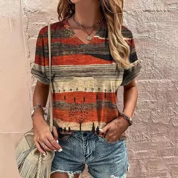 Новая женская футболка в стиле ретро с V-образным вырезом, летняя футболка с коротким рукавом, повседневная футболка с полосатым принтом в стиле Харадзюку, женский уличный свитер S