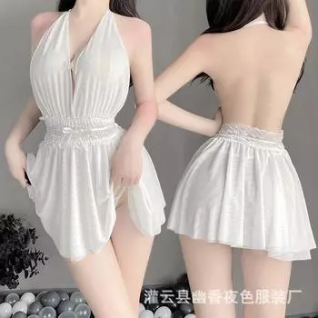 Новая женская глубокая V-образная соблазнительная спинка дизайн перспектива двухслойная сетчатая юбка маятник сексуальная ночная рубашка 6 One Size