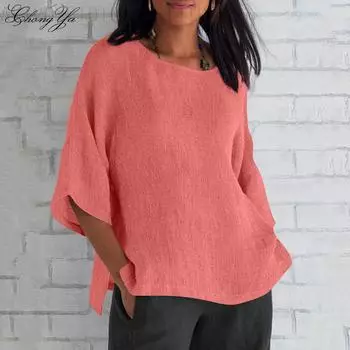 Новая женская хлопковая блузка-рубашка с круглым вырезом и рукавом семь четвертей S розовый