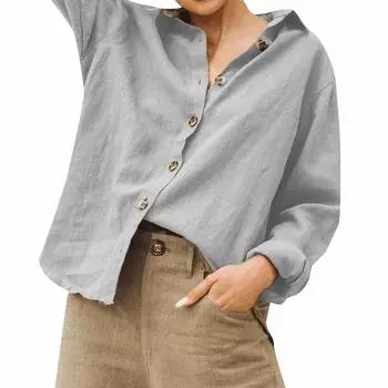 Новая женская хлопково-льняная летняя удобная однотонная универсальная повседневная рубашка на пуговицах S светло-серый