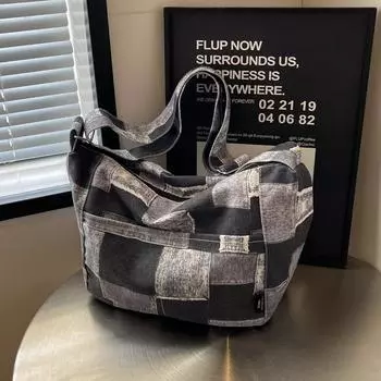 Новая женская холщовая клетчатая контрастного цвета на молнии, модная повседневная универсальная сумка через плечо большой вместимости
