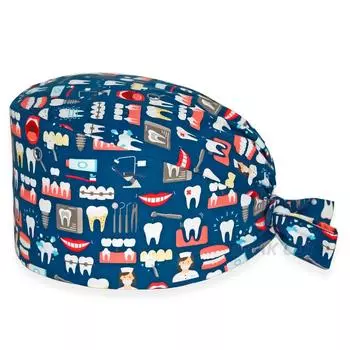 Новая женская и мужская хирургическая шапка с пуговицами, регулируемый начес с принтом зубов, рабочая шапочка для кормления, стоматологическая клиника, скрабы, шапки с длинными волосами One size