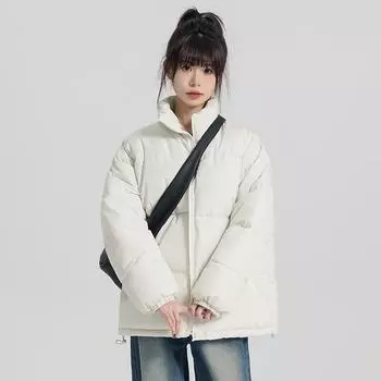 Новая женская короткая и универсальная модная повседневная хлопковая куртка-пуховик — это простая свободная хлопковая куртка с воротником-стойкой. M чёрный