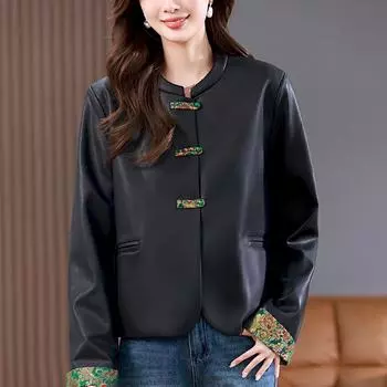Новая женская кожаная куртка в китайском стиле в национальном стиле на весну и осень, модный короткий повседневный топ с пряжкой для мам M