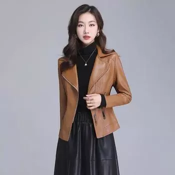 Новая женская кожаная куртка, весенне-осенний модный костюм с воротником, тонкое байкерское пальто, верхняя одежда из спилка, уличная одежда из овчины, топы M