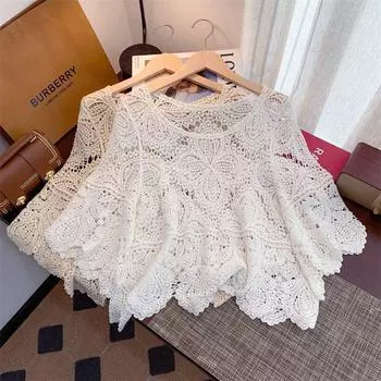 Новая женская кружевная шаль с цветочным принтом и рукавами 3/4, топ-рубашка One Size бежевый