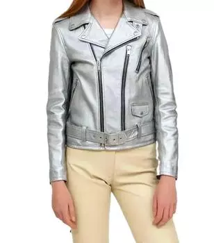 Новая женская куртка из серебристой кожи ягненка ручной работы, стильная повседневная байкерская мягкая посадка S серебряный