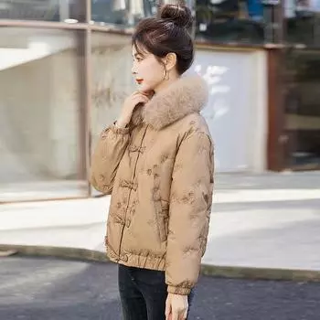 Новая женская куртка на китайском белом утином пуху 2024 года, зимняя, роскошная, с вышивкой, теплая, с большим меховым воротником и маленькой пряжкой S