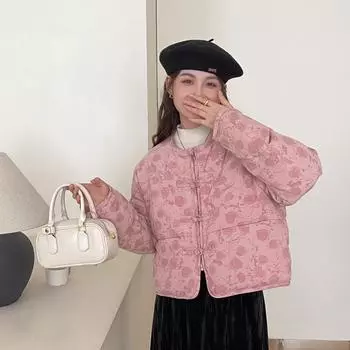 Новая женская куртка на пуговицах в китайском стиле 2024 года, зимняя новая короткая куртка в стиле ретро с жаккардовым узором, женское пальто One size чёрный
