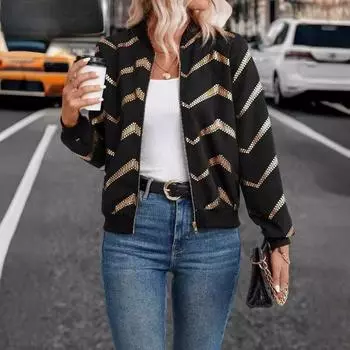 Новая женская куртка-пилот на молнии осень/зима с зигзагообразным принтом в стиле «горячего золота» S чёрный