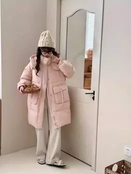Новая женская куртка-пуховик средней и длинной длины в иностранном стиле, свободная и утолщенная с капюшоном, белая куртка из утиного пуха в иностранном стиле, прилив S recommends within 62.5 kg