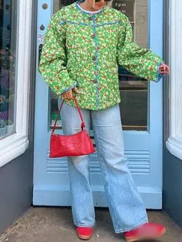 Новая женская куртка с длинным рукавом и цветочным принтом, круглый вырез, контрастные цвета, карманы на пуговицах, этническая одежда в стиле Харадзюку, винтажное стеганое хлопковое пальто S зелёный