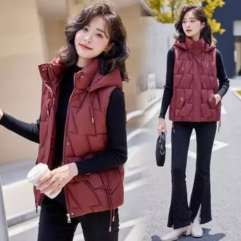 Новая женская легкая майка без рукавов на осень и зиму с капюшоном, однотонная, утолщенная, теплая, спортивная и повседневная, свободная легкая куртка L красный