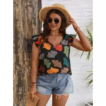 Новая женская летняя футболка с коротким рукавом и v-образным вырезом с принтом, летающий пуловер с короткими рукавами, повседневная модная дышащая свободная футболка, легкий топ для отдыха плюс XL чёрный